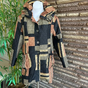 Ki Meng Art to Wear Patchwork Crinkle Quilted Black Rust Duster Jacket